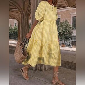 Boho Maxi Crewneck Puff Short Sleeve Oversized Tiered Swing Maxi Dress